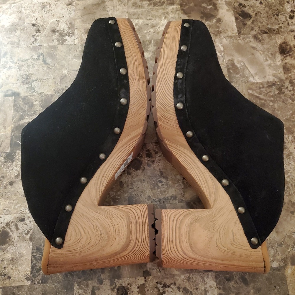 Kork Ease sz 10M black Suede Leather Clogs Studded faux Wood chunky heels retro - Picture 9 of 14